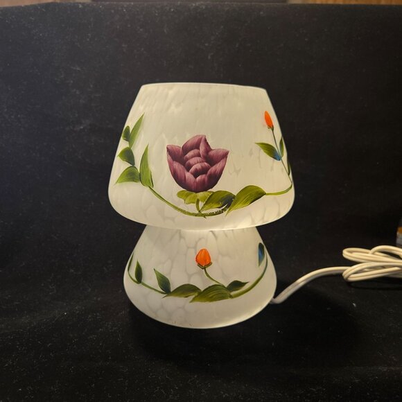 Hand-Painted Floral Frosted Glass Table Lamp With Corded Switch - Picture 9 of 9